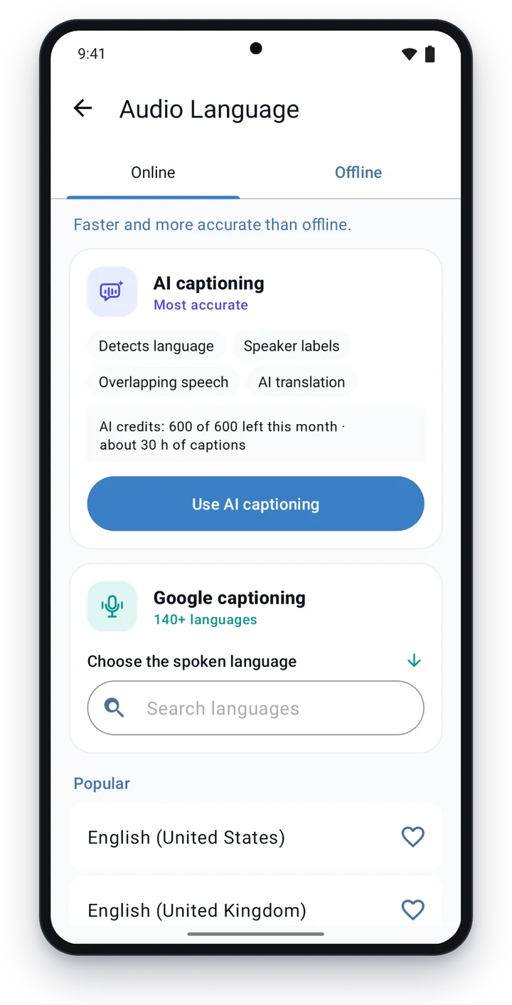 The Audio language screen with AI captioning and Google captioning options