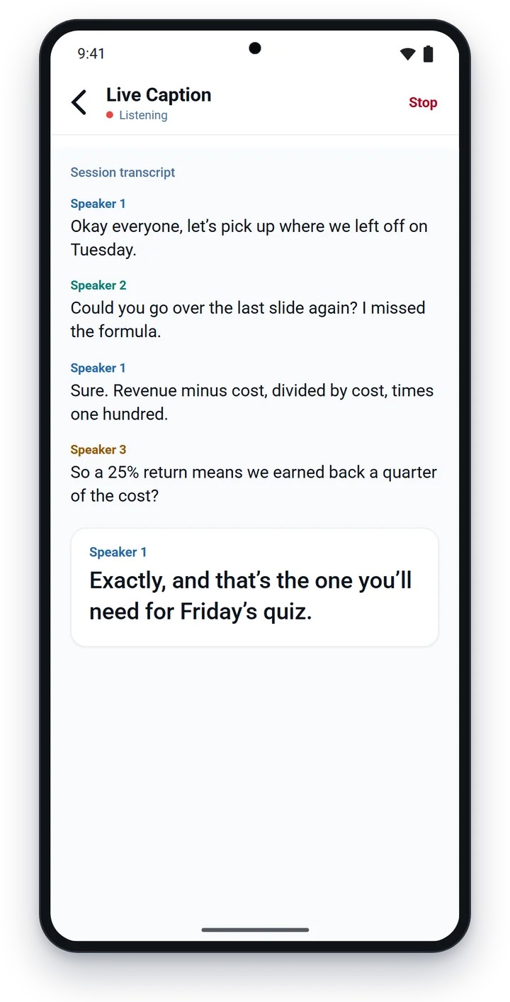 Caption Flow showing a live transcript of a lecture, with each speaker labelled