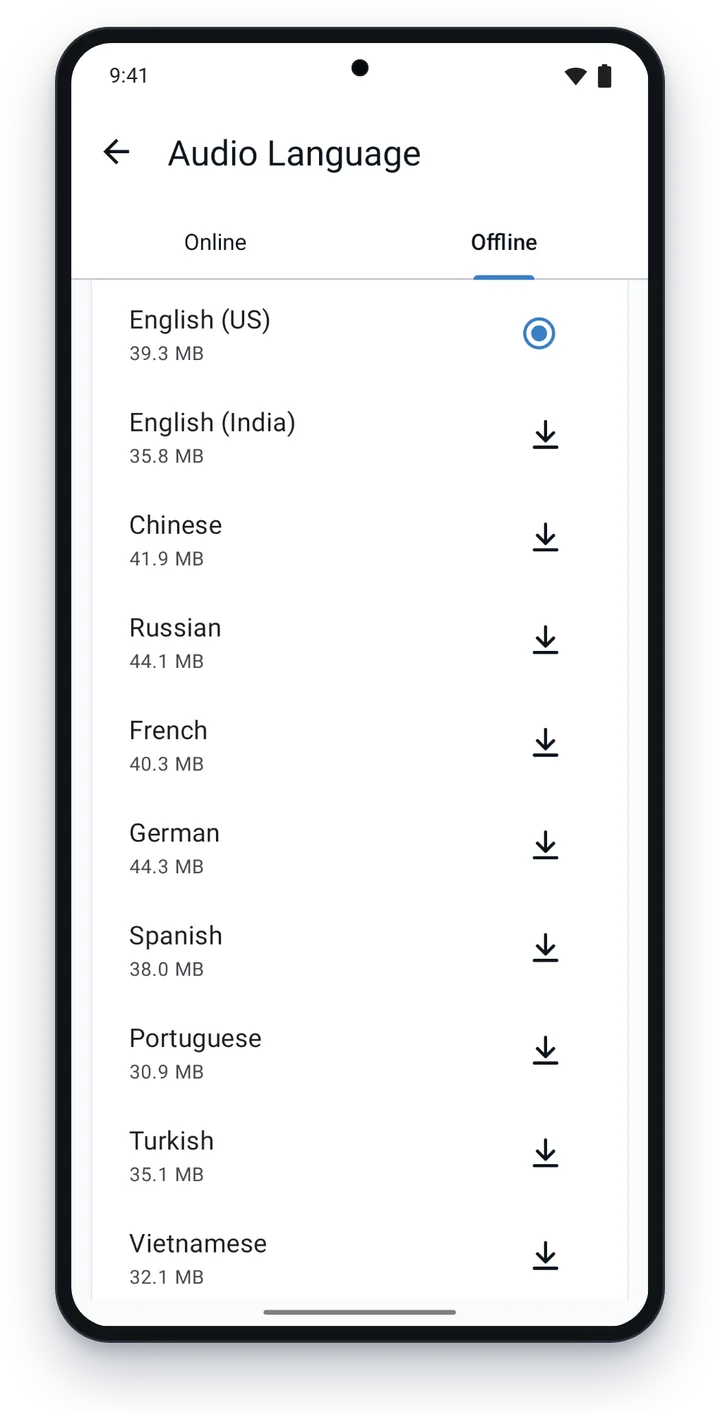 The list of offline speech models, with English (US) selected