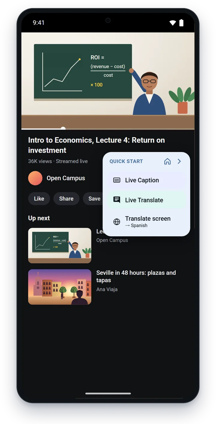 A lecture video with the Caption Flow quick start panel open over it: Live Caption, Live Translate and Translate screen