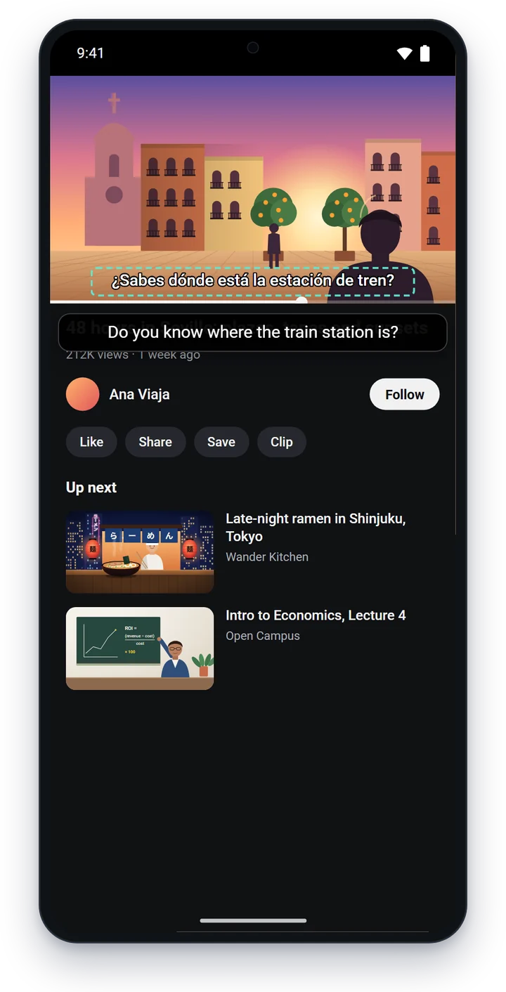 A travel video with a Spanish subtitle and its English translation shown just below it