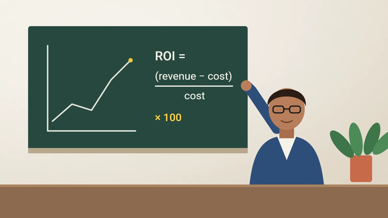 An illustrated economics lecture with a chart on the board
