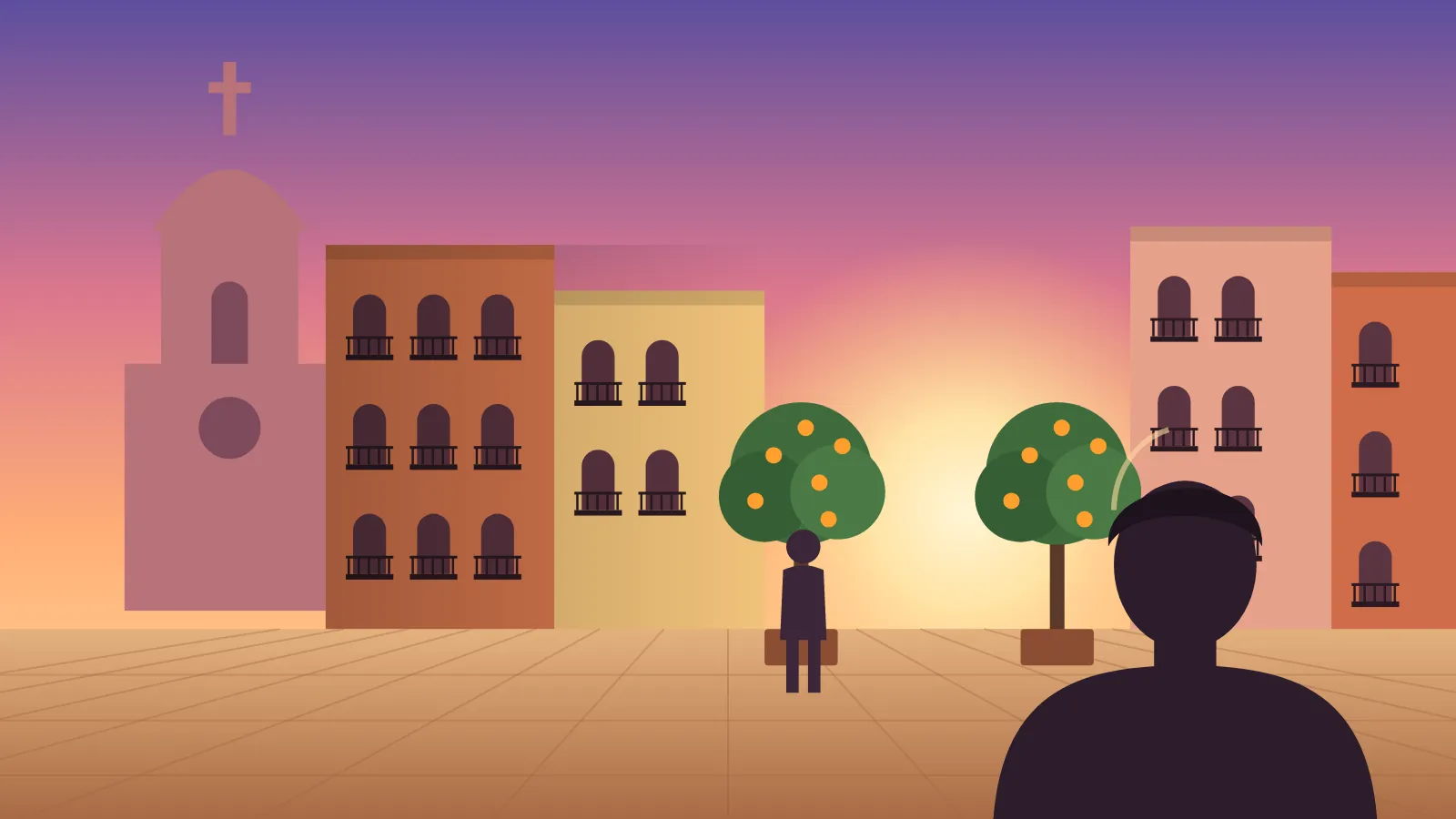 An illustrated city plaza at sunset, from a travel video with Spanish subtitles