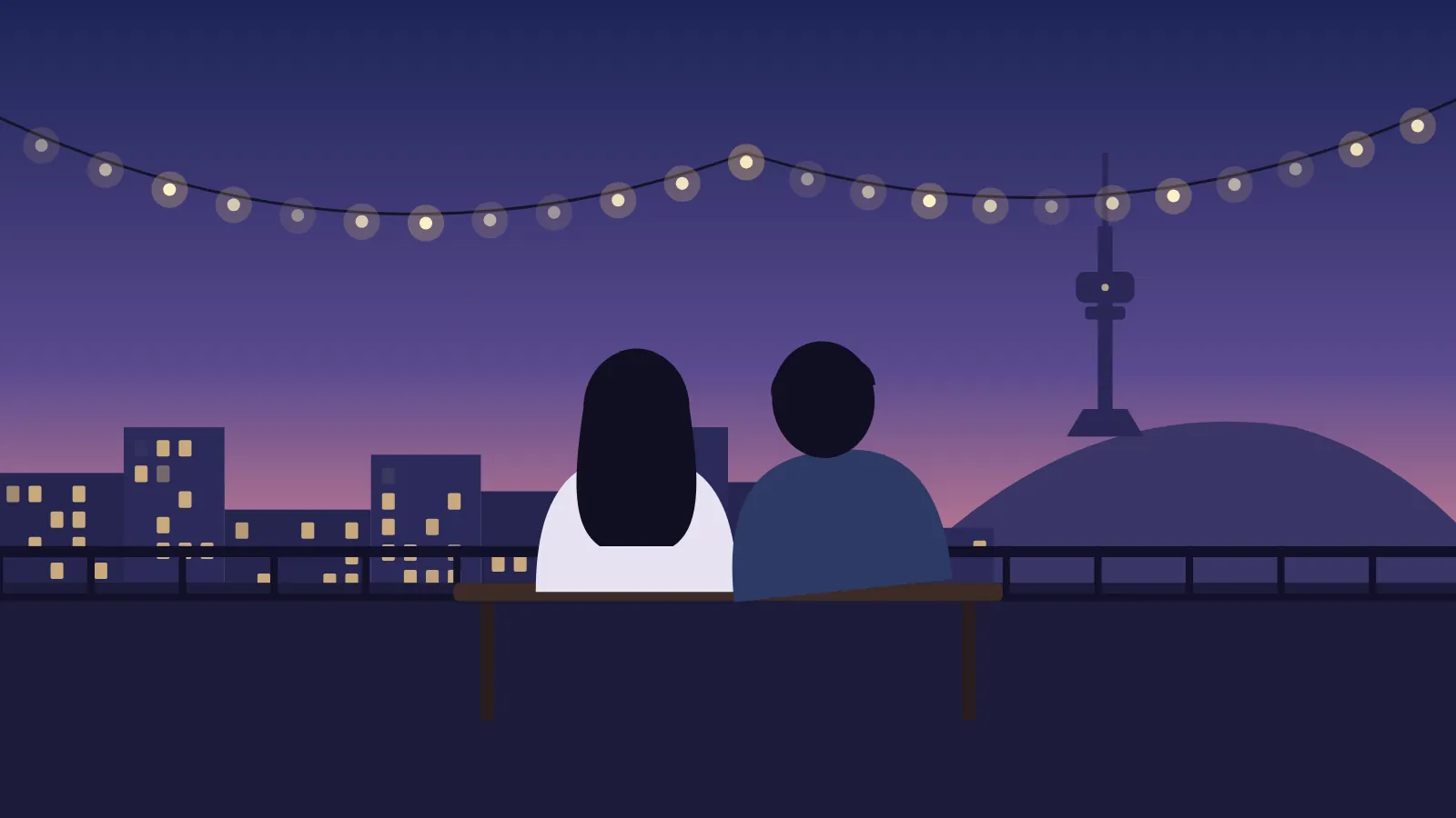 An illustrated couple on a Seoul rooftop at dusk, from a Korean drama
